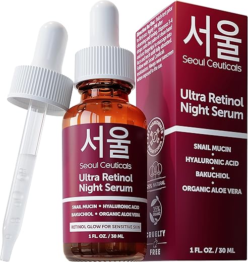 1%% Serum Noturno de Retinol Coreano para o Rosto – 97.5%% Mucina de Caracol Ácido Hialurônico Bakuchiol, K Beauty Cruelty Free para Pele Sensível 30ml - SeoulCeuticals