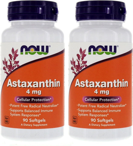 NOW Foods - Astaxantina 4mg 90 Softgels (Proteção Celular) – Embalagem com 2 – Marca em Destaque