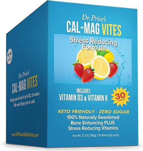 Dr. Price's Vitamins - Dr. Price’s Vitamins Cal-Mag Vites – Pó de Cálcio e Magnésio para Homens e Mulheres | 30 Pacotes | Vitamina K, D, Suplemento Mineral | Bebida Natural Relaxante para Aliviar o Estresse | Sem Açúcar