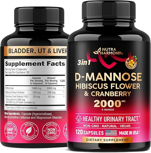NUTRAHARMONY - D-Mannose 2000mg Cápsulas – Suplemento 3 em 1 para Saúde do Trato Urinário – Natural para Bexiga, Fígado – Marca D-Mannose