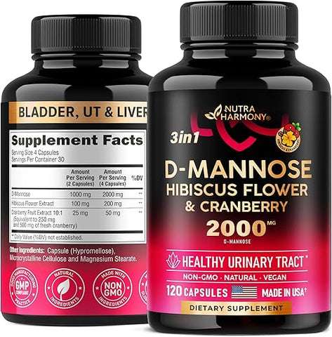 NUTRAHARMONY - D-Mannose 2000mg Cápsulas – Suplemento 3 em 1 para Saúde do Trato Urinário – Natural para Bexiga, Fígado – Marca D-Mannose