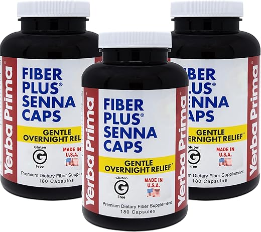 Fiber Plus Senna Cápsulas, 180 Unidades (3 Pacotes) – Alívio Suave Durante a Noite, Fabricado nos EUA, Não-OGM, Sem Glúten - Yerba Prima