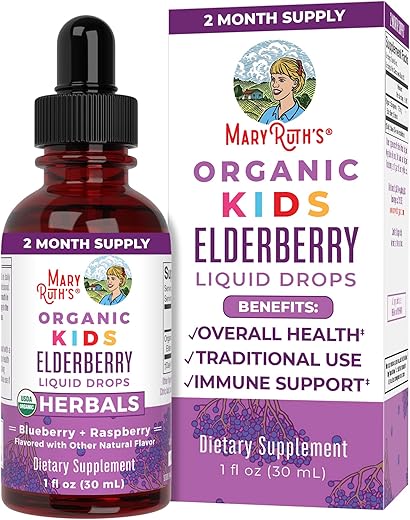 MaryRuth Organics - Gotas Líquidas de Sabugueiro Orgânico USDA para Crianças por MaryRuth’s | Extrato Vegano de Sabugueiro Orgânico Glicerina | Suporte Imunológico | Saúde Geral | Formulado para Idades de 4 a 13 | 30ml