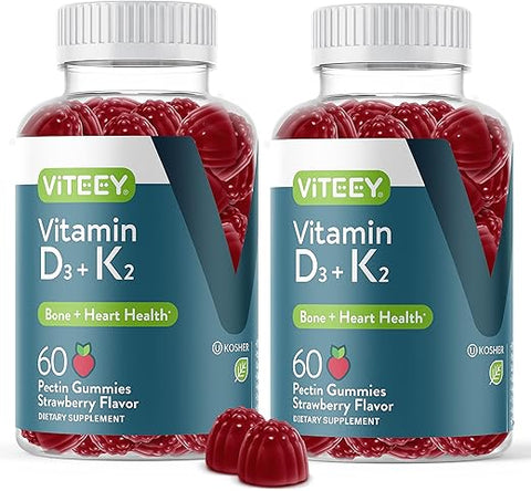 Viteey - Vitaminas D3 K2 Gummies – 1000 UI de Vitamina D3 e K2 100mcg – Fortalecimento Ósseo