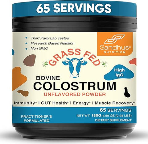 Sandhu's - Sandhu’s Pó de Colostro Bovino para Humanos | 65 Porções de Suplemento de Vacas Alimentadas com Grama | Alto Teor de IgG para Melhor Saúde Intestinal | Imunidade