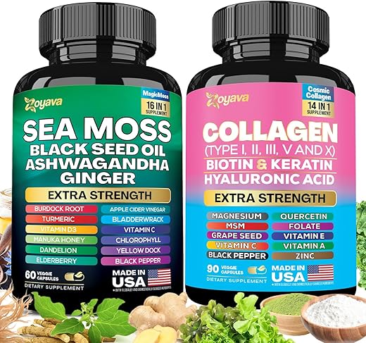 Kit Radiante de Bem-Estar: Musgo do Mar, Óleo de Semente Negra, Ashwagandha, Gengibre, Bardana, Alga Marinha, Cúrcuma – 100% Natural e Potente - Zoyava