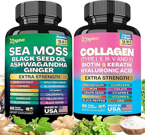 Kit Radiante de Bem-Estar: Musgo do Mar, Óleo de Semente Negra, Ashwagandha, Gengibre, Bardana, Alga Marinha, Cúrcuma – 100% Natural e Potente - Zoyava