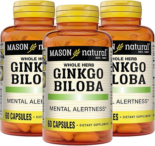 Ginkgo Biloba – Melhore a Alerta Mental, Suporte para Função Cerebral Ótima, Suplemento Herbal, 60 Cápsulas (Pacote com 3) - MASON NATURAL