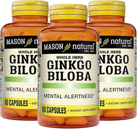 Ginkgo Biloba – Melhore a Alerta Mental, Suporte para Função Cerebral Ótima, Suplemento Herbal, 60 Cápsulas (Pacote com 3) - MASON NATURAL
