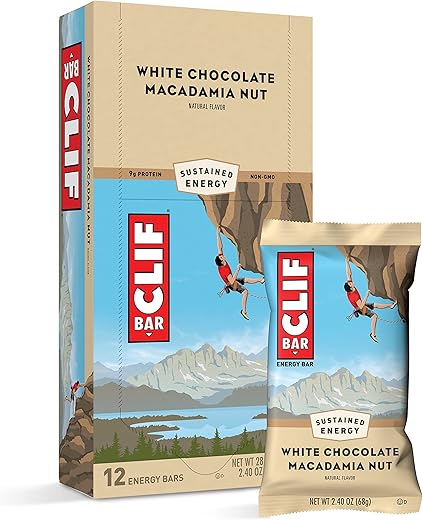 Clif Bar - Barras Energéticas CLIF – Sabor Macadâmia com Chocolate Branco – Feitas com Aveia Orgânica – Alimento à Base de Plantas – Vegetariano – Kosher (Barras de Proteína de 2,4 Ounces, 12 Unidades) Embalagem Pode Variar