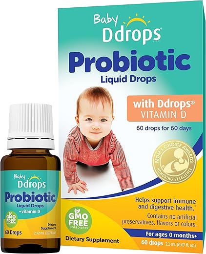 Baby Probiótico com Vitamina D, 60 Gotas – Alívio dos Sintomas de Cólica para Recém-Nascidos e Bebês – Fácil de Usar, Apenas Uma Gota Diária, Sem Açúcar, Não-OGM, Amigo das Alergias - Ddrops