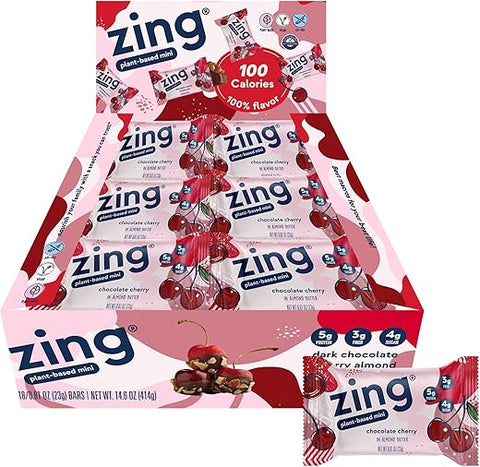 Barras de Proteína Infantil de Chocolate Amargo e Cereja, Sem Glúten, Mini Barras de 100 Calorias com Alto Teor de Proteína, Barras de Nutrição Vegana, Livre de Laticínios à Base de Plantas, Kosher, Baixo Teor de Açúcar, Sem Açúcar, 100% Natural - Zing