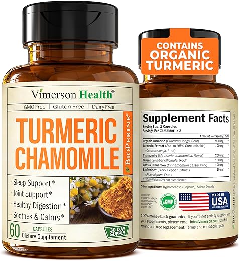 Vimerson Health - Cápsulas de Camomila para Dormir – Suplemento Orgânico de Camomila e Cúrcuma para o Sono com Extrato de Camomila das Flores de Camomila (Manzanilla) – Suplemento de Camomila para Articulações