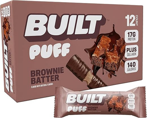 Built Bar - BUILT Barras de Proteína, Sabor Brownie, 12 unidades, Snacks Proteicos com 17g de Proteína, Colágeno, Barra de Proteína de Chocolate, Sem Glúten com 140 calorias