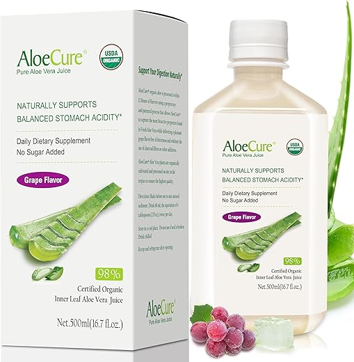 Suco de Aloe Vera Orgânico USDA Sabor Uva – 100% Natural Digestivo – 12 Horas Após Colheita - AloeCure