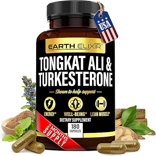 Earth Elixir - Turkesterone 1000mg e Tongkat Ali 400mg – 180 Cápsulas – Fabricado nos EUA – Máxima Pureza – Extrato de Tongkat Ali e Turkesterone para Homens – Sem Preenchedores – Não-OGM
