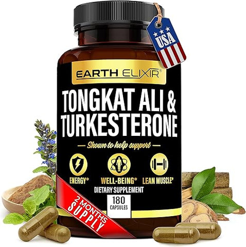 Earth Elixir - Turkesterone 1000mg e Tongkat Ali 400mg – 180 Cápsulas – Fabricado nos EUA – Máxima Pureza – Extrato de Tongkat Ali e Turkesterone para Homens – Sem Preenchedores – Não-OGM