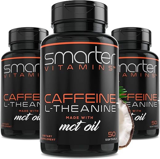 3-Pack) Cápsulas de Cafeína 200mg com L-Teanina 100mg para Energia, Foco e Clareza Óleo de Coco MCT, Pré-Treino, Estimulante Cerebral Nootrópico, Cápsula de Liberação Prolongada - SmarterVitamins