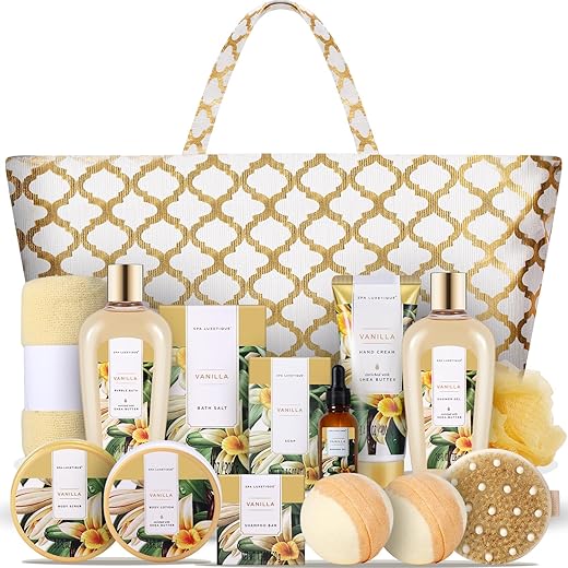 spa luxetique - Spa Luxetique Cestas de Presente para Mulheres, 15 Pcs Presentes de Spa de Baunilha para Mulheres, Presentes para Mulheres com Banho de Espuma, Sal de Banho, Bombas de Banho Presentes de Aniversário para Mulher com Bolsa, Spa