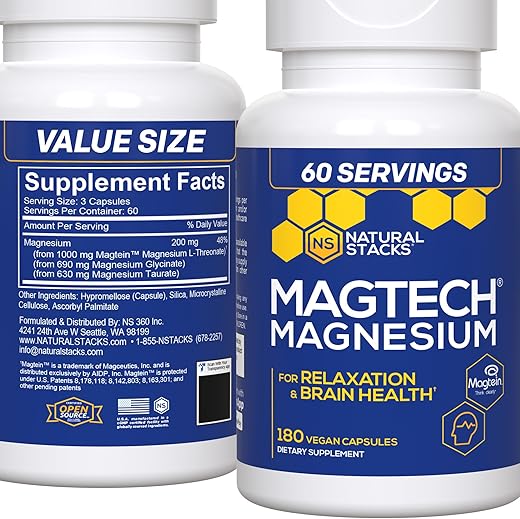NATURAL STACKS - MagTech – Complexo de Magnésio Quelato – 3 Formas de Magnésio: Magtein L-Treonato de Magnésio, Glicinato – 60 Cápsulas