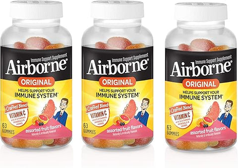 Gomas de Frutas Sortidas com Vitamina C 750mg (por Porção) – 63 Unidades em um Frasco – Suplemento Imunológico Livre de Glúten com Vitaminas C E, Selênio (Pack com 3) - Airborne