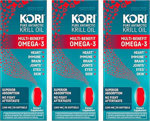 Oil Omega 3: Óleo de Krill Antártico com Absorção Superior vs Óleo de Peixe, 1200mg Softgels, 30 Softgels, EPA - Kori Krill