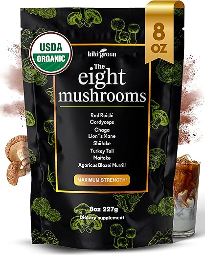 8 Mushrooms Powder Extract – Blend 8 oz – Lion’s Mane, Turkey Tail, Reishi, Chaga, Cordyceps, Maitake, Shiitake – para Foco – Produto de Cogumelos em Pó – 8g - KIKI Green