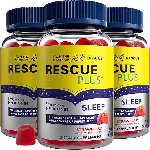 Bach RESCUE PLUS Melatonin Gomas para Dormir, Sabor Natural de Morango, Auxílio para o Sono, Suplemento Alimentar, Vegano, Sem Glúten, Sem Sabores, Cores ou Adoçantes Artificiais, 3 Pacotes, 180 g