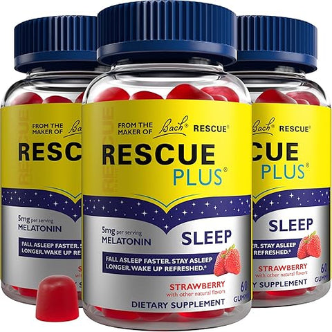 Bach RESCUE PLUS Melatonin Gomas para Dormir, Sabor Natural de Morango, Auxílio para o Sono, Suplemento Alimentar, Vegano, Sem Glúten, Sem Sabores, Cores ou Adoçantes Artificiais, 3 Pacotes, 180 g