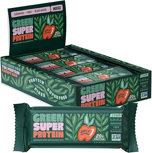 NECTIS - Nectis Green Super Barra de Proteína de Refeição, Maçã Canela, 20g proteína vegetal, Verdes Orgânicos, alta fibra, vegano, sem soja, não transgênico, Barra de 82g, 8 unidades
