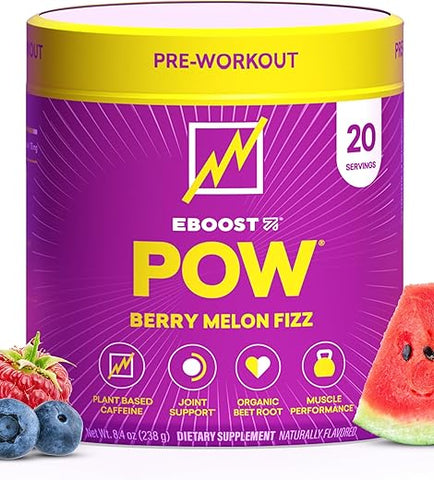 POW Pó Natural Pré-Treino – 20 Porções – Sabor Berry Melon Fizz – Suplemento Pré-Treino para Desempenho, Suporte à Mobilidade Articular, Energia, Foco – Homens - EBOOST
