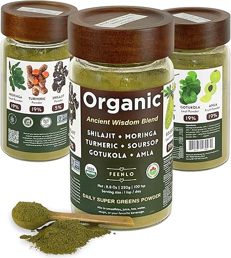 Feenlo - Blend em Pó de Moringa, Shilajit, Cúrcuma, Graviola, Gotu Kola e Amla Orgânico e Não-OGM | Poder Verde Apresentado em Embalagem de 3 Meses