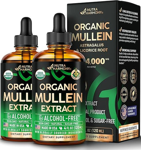 NUTRAHARMONY - Gotas de Mullein Orgânico USDA para os Pulmões – Folha de Mullein