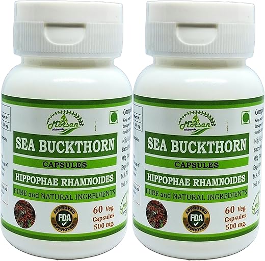 Morsan Nutraveda - Cápsulas de Espinheiro Marítimo (Hippophae Rhamnoides) para Homens e Mulheres | Suplemento Herbal Natural | 500 mg por Porção | 60 Cápsulas Vegetais | Extrato Puro de Espinheiro Marítimo (2…)