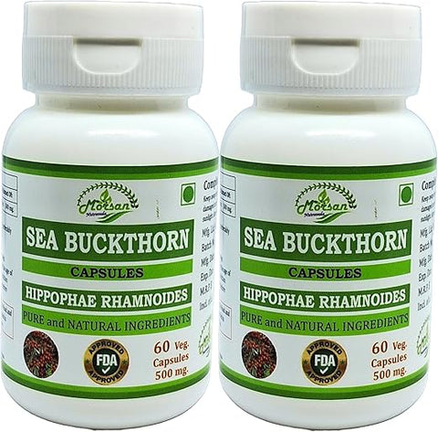 Morsan Nutraveda - Cápsulas de Espinheiro Marítimo (Hippophae Rhamnoides) para Homens e Mulheres | Suplemento Herbal Natural | 500 mg por Porção | 60 Cápsulas Vegetais | Extrato Puro de Espinheiro Marítimo (2…)