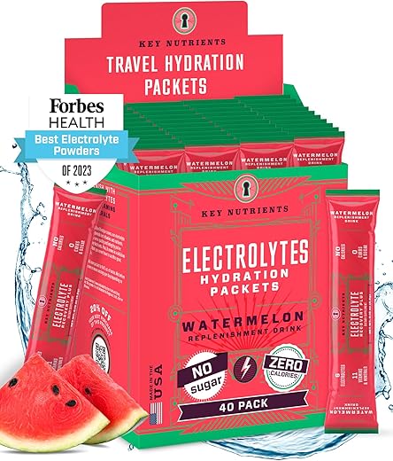 Pacotes de Pó de Eletrólitos de Melancia Refrescante 40 Pacotes de Hidratação – Pó de Hidratação para Viagem – Sem Açúcar, Sem Calorias, Sem Glúten – Fabricado nos EUA - KEY NUTRIENTS