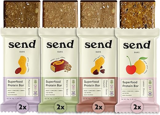 Barras de Proteína Vegana Saudável à Base de Plantas Send Bars, Com Verdes (Caixa de Variedade Full Send, 8 Barras) – Limão Cereja (x2), Manteiga de Amendoim (x2), Pão de Banana (x2), Amendoim com Cacau Crocante