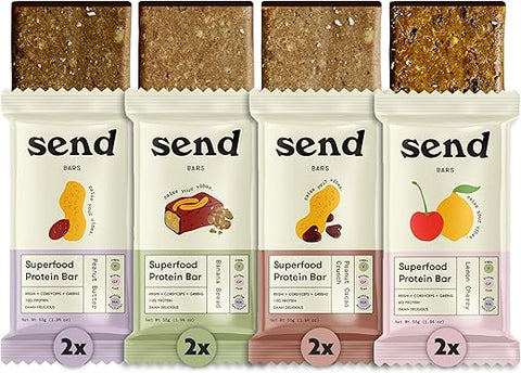 Barras de Proteína Vegana Saudável à Base de Plantas Send Bars, Com Verdes (Caixa de Variedade Full Send, 8 Barras) – Limão Cereja (x2), Manteiga de Amendoim (x2), Pão de Banana (x2), Amendoim com Cacau Crocante