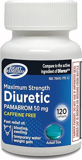 RIGHT REMEDIES - Pambrom 50mg: Diurético Softgels Máxima Potência sem Cafeína (120 Softgels) – Alívio do Inchaço Causado pela Retenção de Água