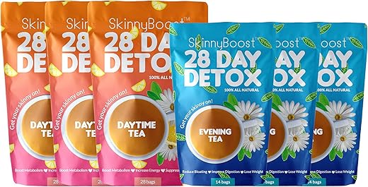 SkinnyBoost - Kit Chá Detox 28 Dias (3 PACOTES) 3 Chás Diurnos, 3 Chás Noturnos Detox Não Transgênico, Vegano, Natural – Limpeza e Desintoxicação