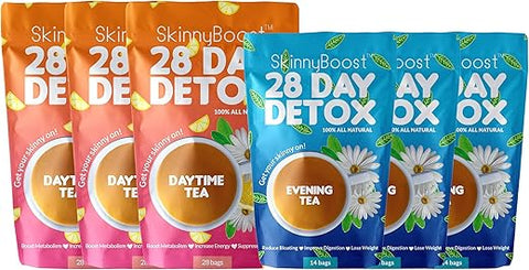 SkinnyBoost - Kit Chá Detox 28 Dias (3 PACOTES) 3 Chás Diurnos, 3 Chás Noturnos Detox Não Transgênico, Vegano, Natural – Limpeza e Desintoxicação