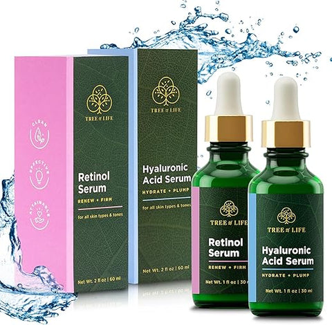 Tree of Life Beauty - Sérum Firmador de Retinol e Ácido Hialurônico Tree of Life, Duo de Sérum Facial para Brilho, 2 Unidades x 60 ml – Kit de Cuidados com a Pele