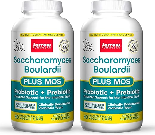 Saccharomyces Boulardii MOS – 5 Bilhões de Organismos Vivos por Porção – 90 Cápsulas Vegetais de Liberação Retardada, 2 Pacotes – Probiótico Prebiótico – Trato Intestinal - Jarrow Formulas