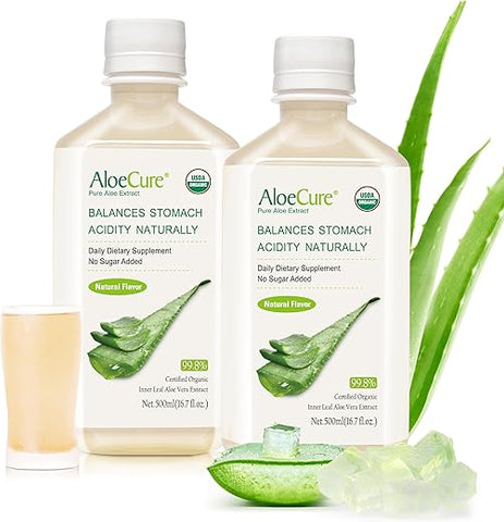 AloeCure Suco de Aloe Vera Orgânico USDA Sabor Natural – Puro Suco de Aloe Natural para Equilíbrio Estomacal, Digestão e Sistema Imunológico – Feito em até 12 horas da colheita