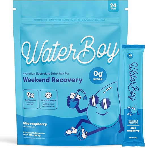 Weekend Recovery | Pacotes de Pó de Eletrólitos 3.200mg | Vitaminas de Gengibre L-Theanine | Sem Açúcar, 100% Natural, Sem Glúten | 12 Sachês para Bebidas (Sabor Blue Raspberry) - Waterboy