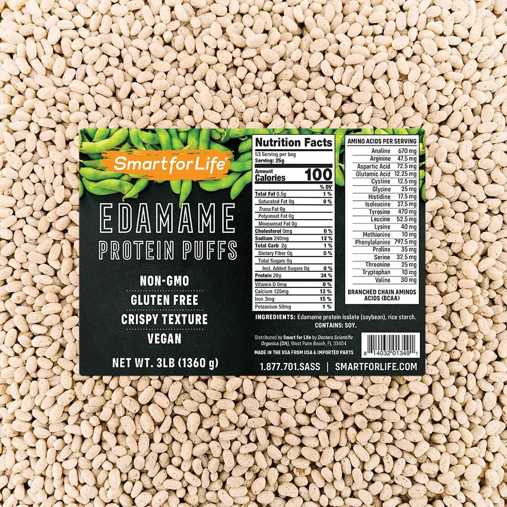 Puffs de Proteína de Soja de Edamame – Snacks de Proteína Zero Açúcar – 20g de Proteína – Não-OGM, Sem Glúten – Caixa de 3 Libras – 53 Porções - Smart for Life
