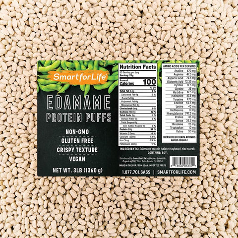 Puffs de Proteína de Soja de Edamame – Snacks de Proteína Zero Açúcar – 20g de Proteína – Não-OGM, Sem Glúten – Caixa de 3 Libras – 53 Porções - Smart for Life