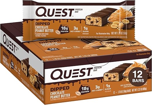 Barras de Proteína Dipped Chocolate Peanut Butter, 18g Proteína, 1g Açúcar, 3g Carboidratos Líquidos, Sem Glúten, 12 Unidades - Quest Nutrition