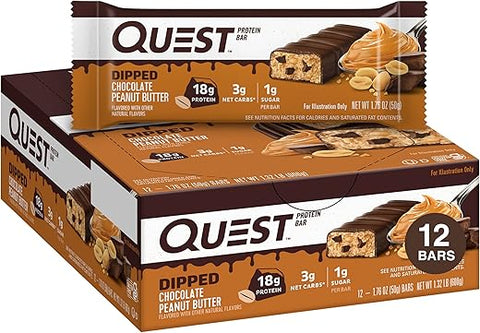 Barras de Proteína Dipped Chocolate Peanut Butter, 18g Proteína, 1g Açúcar, 3g Carboidratos Líquidos, Sem Glúten, 12 Unidades - Quest Nutrition