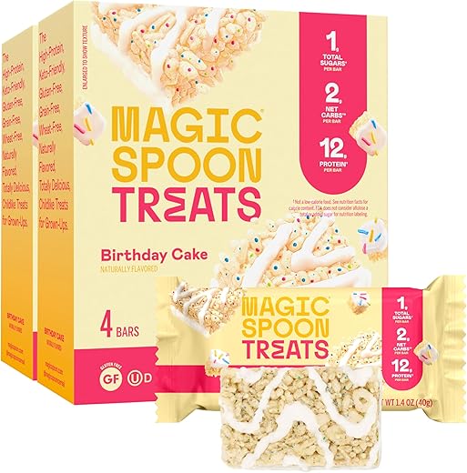 Magic Spoon - MAGIC SPOON Treats – Barra de Cereal Crocante, Baixo Carboidrato, Rico em Proteínas, Amigável à Dieta Keto, 1g de Açúcar, Sem Glúten (Sabor Bolo de Aniversário, 8 Barras)
